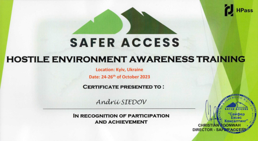 Certificate SAFER ACCESS - Save Ukrainians